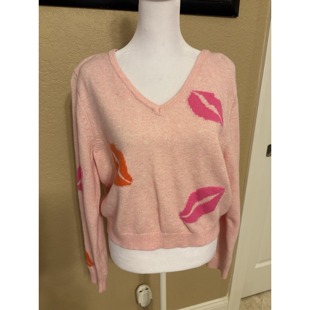 Witty Fox‎ Pink Lips Long Sleeve, Open Back Sweater, V Neck, XL